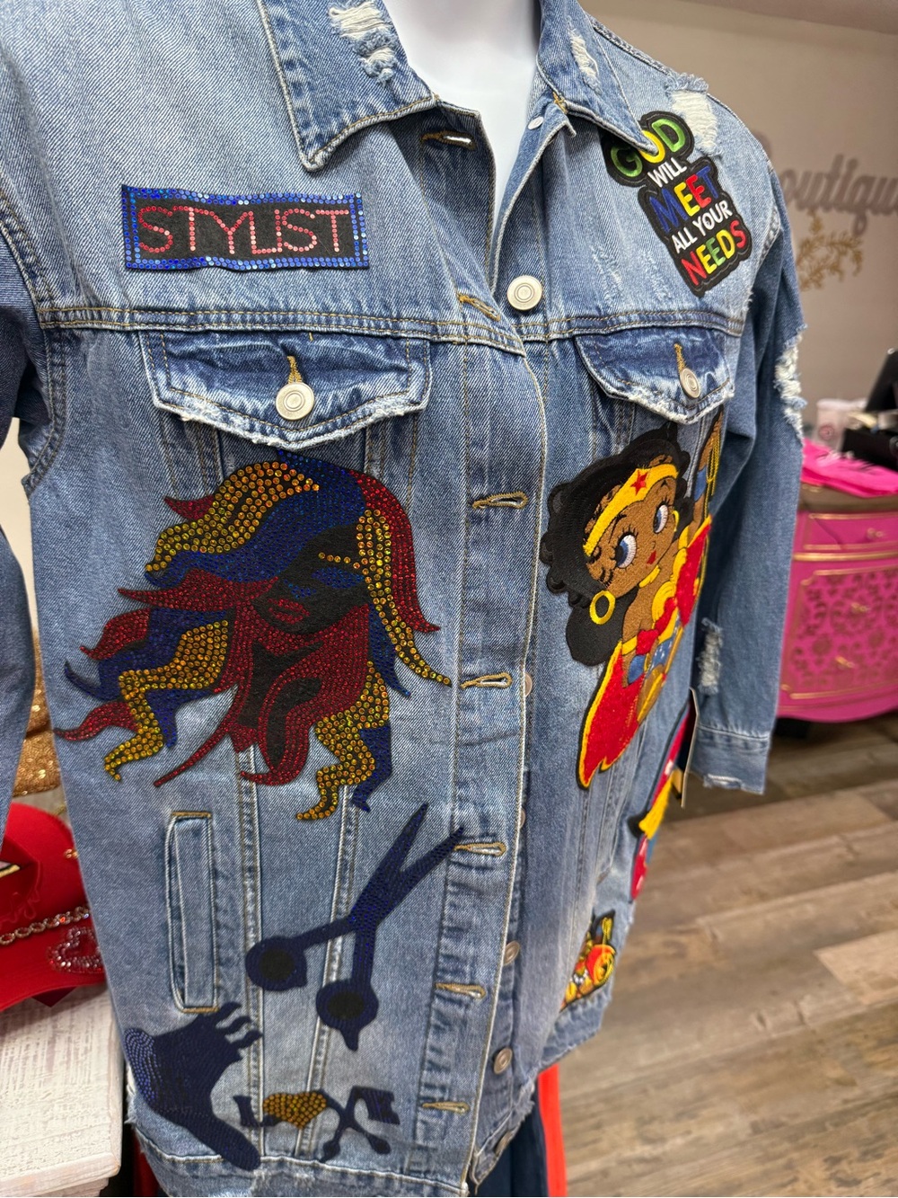 Denim STYLIST Jacket with Red & Blue Wonder Girl Patch - Picture 8 of 8